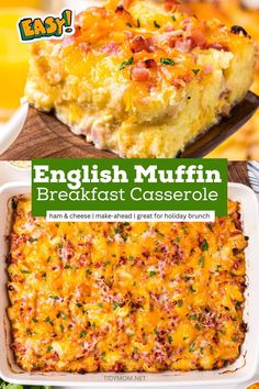 an english muffin breakfast casserole with bacon and cheese