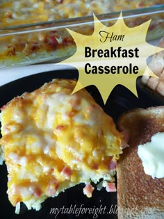 breakfast casserole with bacon and cheese on toasted bread in front of the casserole