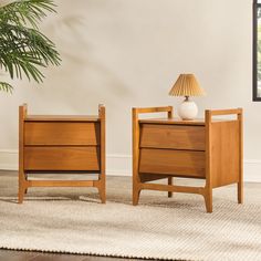 two wooden nightstands sitting on top of a rug