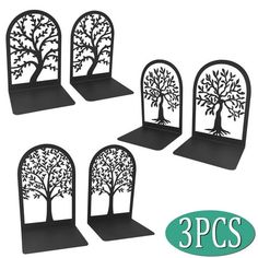 four black metal tree bookends are shown with the text 3 pc's