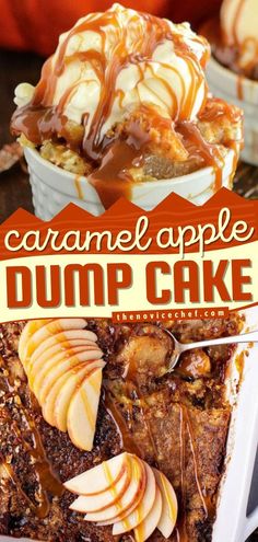 caramel apple dump cake in a white dish