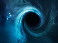 a black hole in the middle of space with stars around it and blue clouds surrounding it