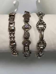 "Beautiful Vintage 3 Silver tone bracelets stackable  Length - one is 7.25\" and two are 7.5\" Wide - 0.25\" to 0.5\" Excellent vintage condition. Nice vintage piece for coordinated outfit or perfect gift for someone special." Formal Silver Stackable Chain Bracelet, Stackable Vintage Bangle, Vintage Bracelets For Anniversary, Vintage Silver Stackable Cuff Bracelet, Vintage Silver Stackable Bangle, Silver Collectible Bracelets, Stackable Bangles, Bracelet Fashion, Stackable Bracelets