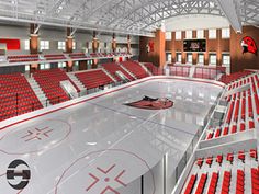 an empty ice rink with red seats in the background