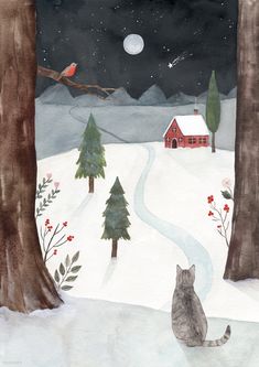 a watercolor painting of a cat sitting in the snow looking at a red house