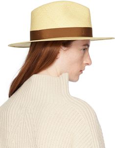 Woven straw panama hat in beige. Webbing trim throughout. Supplier color: Natural Chic Cream Panama Hat In Toquilla Straw, Chic Beige Toquilla Straw Panama Hat, Beige Toquilla Straw Fedora Panama Hat, Cream Straw Panama Hat Shaped Like Fedora, Beige Flat Brim Panama Hat In Toquilla Straw, Beige Panama Hat With Flat Brim In Toquilla Straw, Beige Toquilla Straw Panama Hat For Spring, Spring Beige Panama Hat In Toquilla Straw, Beige Panama Hat With Flat Brim For Spring