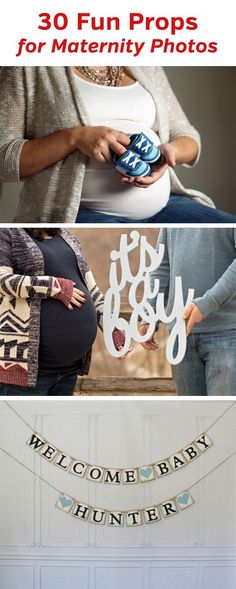 pregnant woman holding her belly while standing in front of the door and hanging banner that says welcome