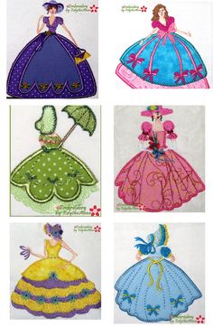 four different princess dresses are shown on the same page