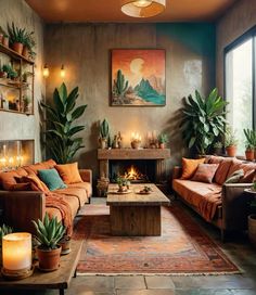 a living room filled with lots of furniture next to a fire place and potted plants