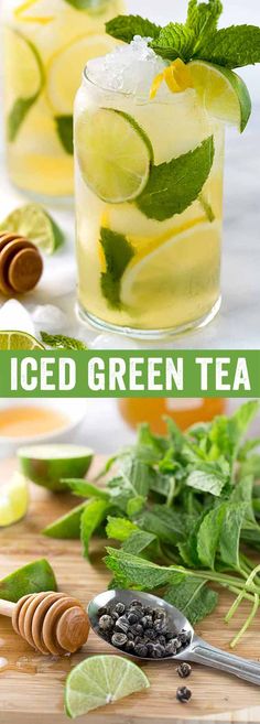 two glasses filled with lemonade and mint on top of a wooden cutting board next to sliced