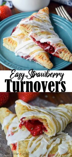 strawberry turnovers with white icing and strawberries on the side, sitting on a blue plate