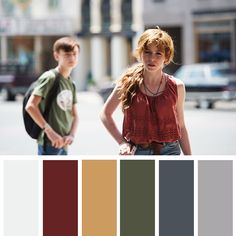 two people standing in front of a building with color swatches on the bottom half