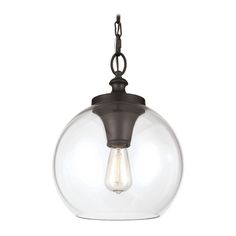 a light fixture with a glass globe hanging from it's end, on an isolated metal chain