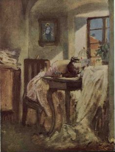 a painting of a woman sitting at a table in front of a window with a blanket on it