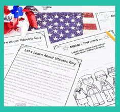 an american flag and some writing paper with the words let's learn about veterans day