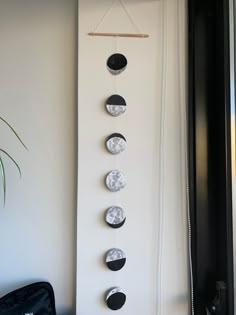 three black and white moon phases hanging on a wall next to a plant in a room