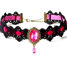 Brand New Black Velvet & Pink Ribbon Victorian Goth Necklace Pink Choker Necklace, Gaun Abad Pertengahan, Gothic Choker Necklace, Tattoo Choker Necklace, Pink Choker, Lace Choker Necklace, Blue Crystal Necklace, Gothic Chokers, Lace Choker