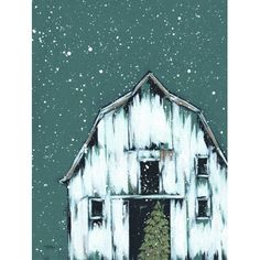 a painting of a barn in the snow with a christmas tree on it's door