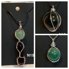 "These handmade wire wrapped pendants are made with a black onyx (N18) crystal, aventurine (N17) crystal and a pendant with both green chalcedony and black onyx (N19) crystals. Wrapped in a tarnish resistant copper beading wire. N18 and N19 are on an 18\" waxed cotton cord and N17 is on an 18\" silver plated copper chain.  It was handmade in a smoke free home but I do have pets." Black Jade Jewelry With Natural Stones, Black Jade Jewelry For Gifts, Black Agate Crystal Necklace For Healing, Healing Black Agate Crystal Necklaces, Black Wire Wrapped Pendant Jewelry, Wire Wrapped Agate Crystal Necklaces For Jewelry Making, Black Agate Wire Wrapped Jewelry, Black Jade Round Beads Jewelry, Handmade Onyx Crystal Necklace For Healing