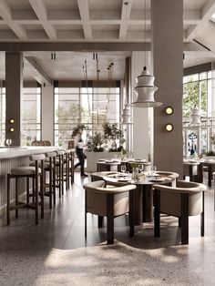 an empty restaurant with tables and stools in the foreground, people walking by