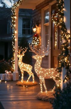 two lighted deer statues on a porch