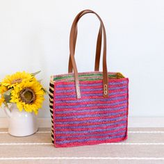 Elena Handbags Soft Raffia Summer Beach Straw Shoulder Bag Chic Handwoven Multicolor Bag, Chic Multicolor Handwoven Bag, Multicolor Bags With Braided Handles For Beach Season, Multicolor Crochet Satchel Bag For Vacation, Multicolor Crochet Satchel For Vacation, Multicolor Satchel Shoulder Bag For Vacation, Red Crochet Travel Bag For Summer, Casual Multicolor Square Straw Bag, Bohemian Shoulder Bag With Leather Handles For Beach Season