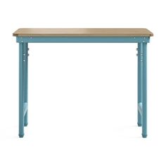 a wooden table with metal legs and a blue finish on the top, against a white background