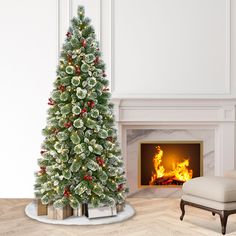 a decorated christmas tree in front of a fireplace