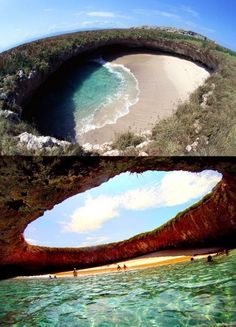 two pictures with the same image in different places, one is looking out at the ocean