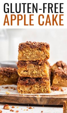 three gluten - free apple cake bars stacked on top of each other with text overlay