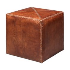 a square brown leather ottoman with stitching on the top and bottom, sitting on a white background