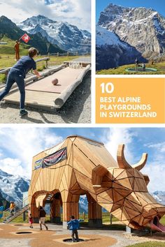 people playing games in front of mountains with the title 10 best alpine playgrounds in switzerland