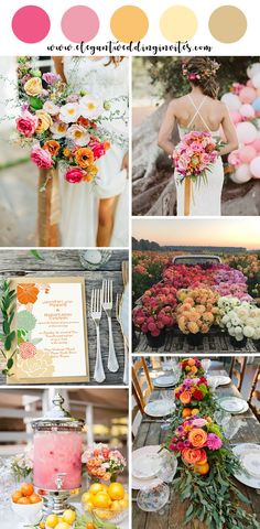 a collage of different pictures with flowers and fruit on them, including oranges, pink