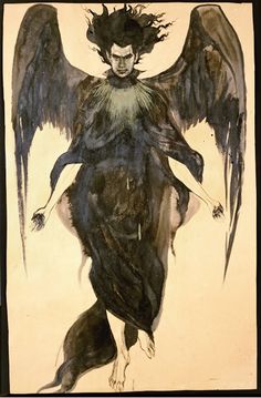 a drawing of an angel with black wings