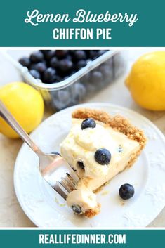 lemon blueberry chiffon pie on a plate with a fork