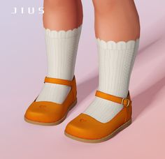 a pair of orange shoes with white socks and brown straps on the feet are standing in front of a pink background