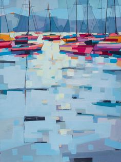 an abstract painting of boats in the water