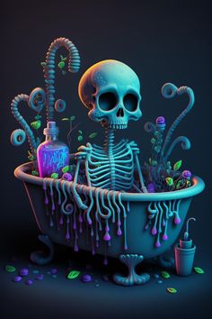 a skeleton sitting in a bathtub filled with liquid and flowers, next to a faucet