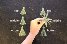 a hand is pointing at small green tassels that spell out top, middle, middle, bottom, and bottom