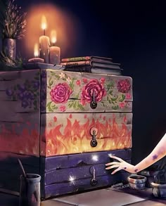 a painting of a woman in front of a dresser with flowers on it and candles