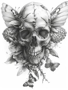 a drawing of a skull with butterflies on it's head and wings around its neck