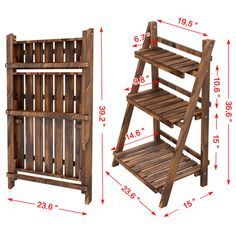 a wooden shelf with two shelves on each side and measurements for the bottom part of it