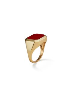 Editor's NotesPANACHE CHASUNYOUNG presents a bold ring with a Carnelian embellishment. The color contrast of yellow gold and red highlights the item. - Square carnelian embellishment- Bold silhouette- Yellow gold and red combination- Antique metal- Size adjustable- Luxurious and feminine mood Measurements(in.)One SizeComposition & Care- Material: Natural Carnelian, Antique Gold Plated Brass- Plated products may discolor over time due to their nature.- Please be careful that discoloration may proceed faster in chemical substances, water, and heat.- As all jewelry products are vulnerable to discoloration, we recommend you gently wipe them with a dry cloth and store them in an airtight zipper bag when not wearing them Designer- by PANACHE CHASUNYOUNG Formal Red Carnelian Signet Ring, Red Rectangular Rings With Polished Finish, Red Rectangular Ring With Polished Finish, Rectangular Red Rings With Polished Finish, Red Carnelian Signet Ring With Polished Finish, Red Carnelian Rings With Polished Finish, Red Carnelian Ring With Polished Finish, Formal Red Carnelian Jewelry, Red Polished Carnelian Rings