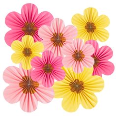 pink and yellow paper flowers are arranged on a white background