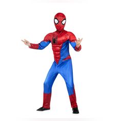 a man in a spiderman costume is standing with his hands out to the side