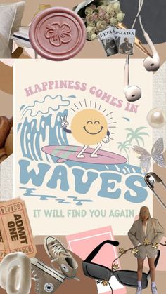 a collage of various items including an advertisement for waves