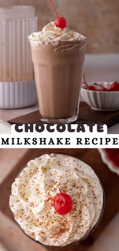 chocolate milkshake recipe with whipped cream and cherries in the top left hand corner