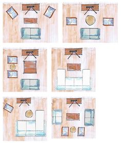 four drawings of living room furniture arranged in squares