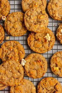 cookies and popcorn on a cooling rack