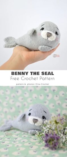 a hand holding a stuffed seal with flowers in it's mouth and the caption below reads, bunny the seal free croche pattern